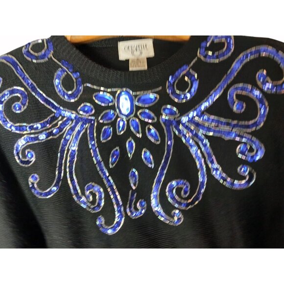 Vintage Cervelle Black Sweater Blue Sequins Beaded Size S Oversized Bedazzled - Picture 4 of 10